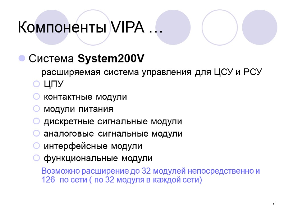 7 Компоненты VIPA … Система System200V расширяемая система управления для ЦСУ и РСУ ЦПУ